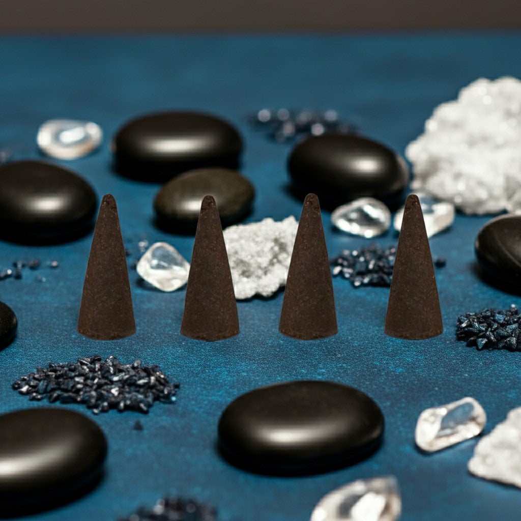 Black Ice Incense Cones and stones on a blue surface