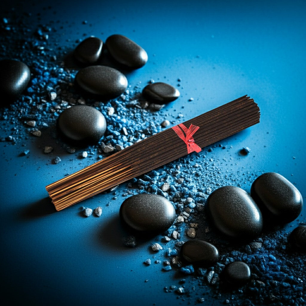 Black Ice Incense Sticks with a red ribbon on black stones against a blue background