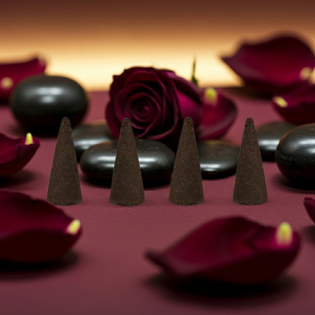 Black Love Incense Cones on a surface with rose petals and stones in the background