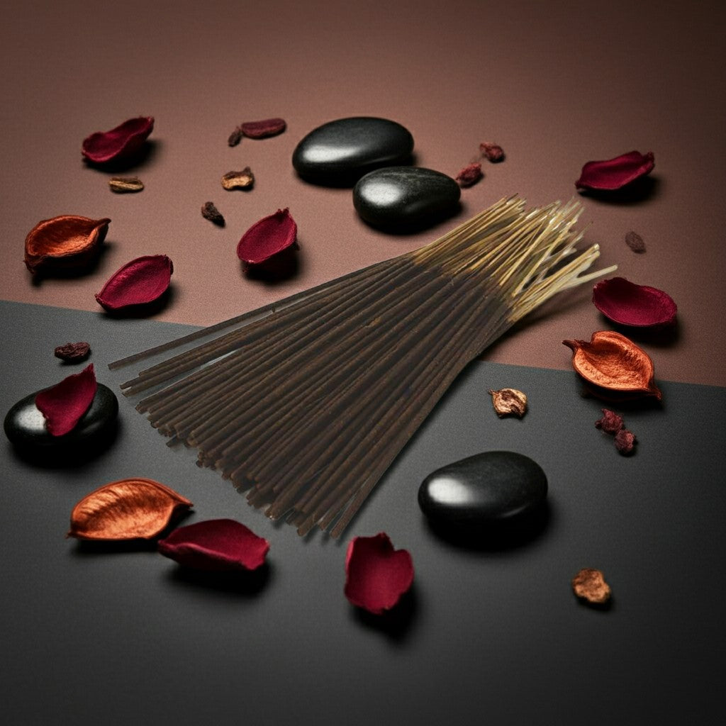 Black Love Incense Sticks with black stones and red petals on a gradient background