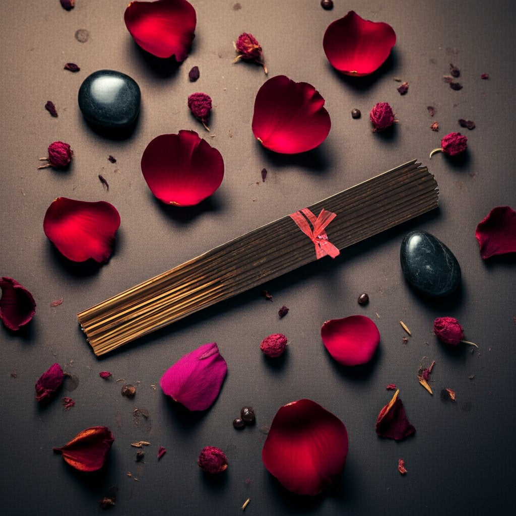Black Love Incense Sticks with a pink ribbon surrounded by red rose petals on a dark surface