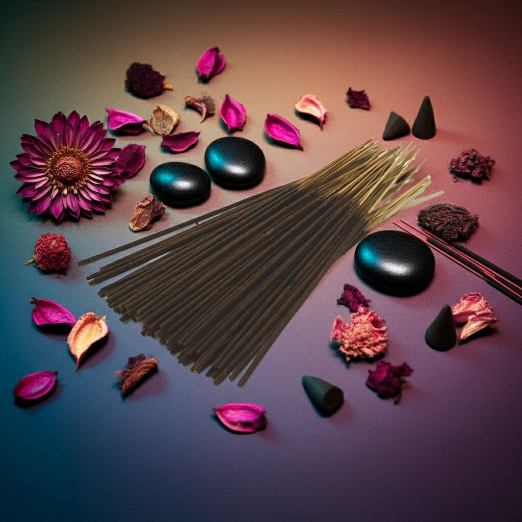 Black Woman Incense Sticks with flowers and stones on a gradient background