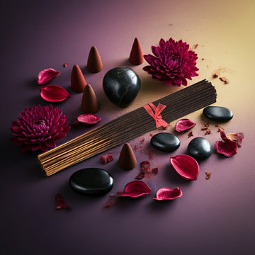 Black Woman Incense Sticks with black stones, purple flowers, and red petals on a gradient background
