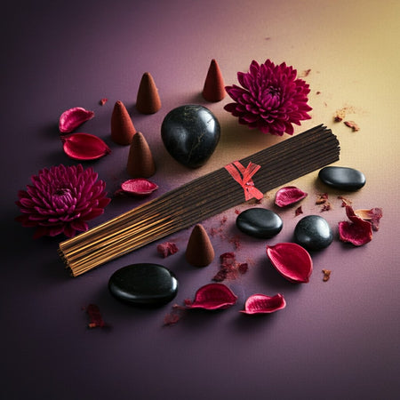 Black Woman Incense Sticks with black stones, purple flowers, and red petals on a gradient background