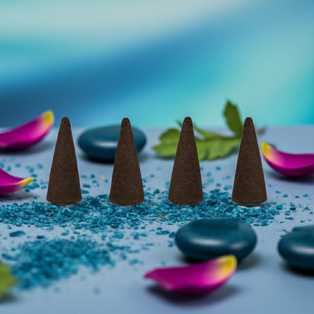 Blue Nile Incense Cones on a blue surface with pink petals and green leaves.