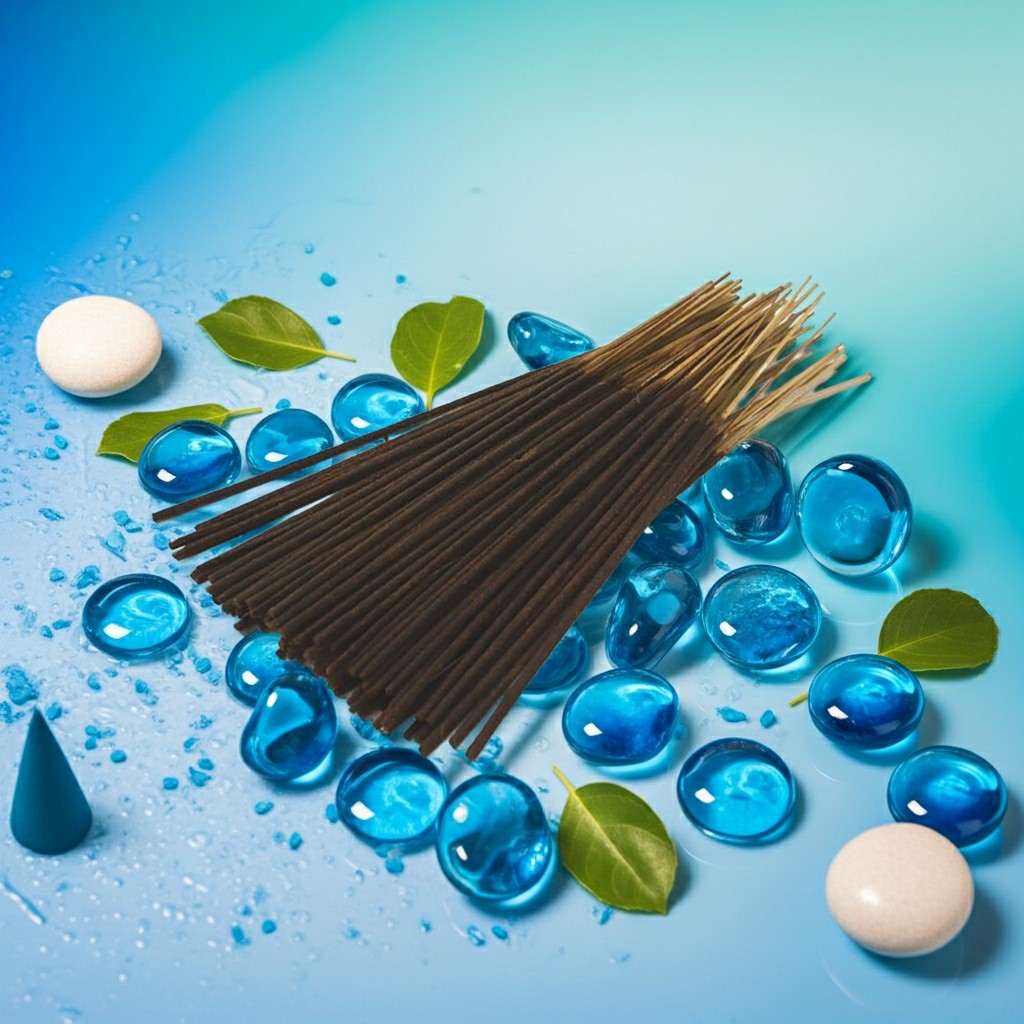 Blue Nile Incense Sticks with blue glass stones and green leaves on a blue background