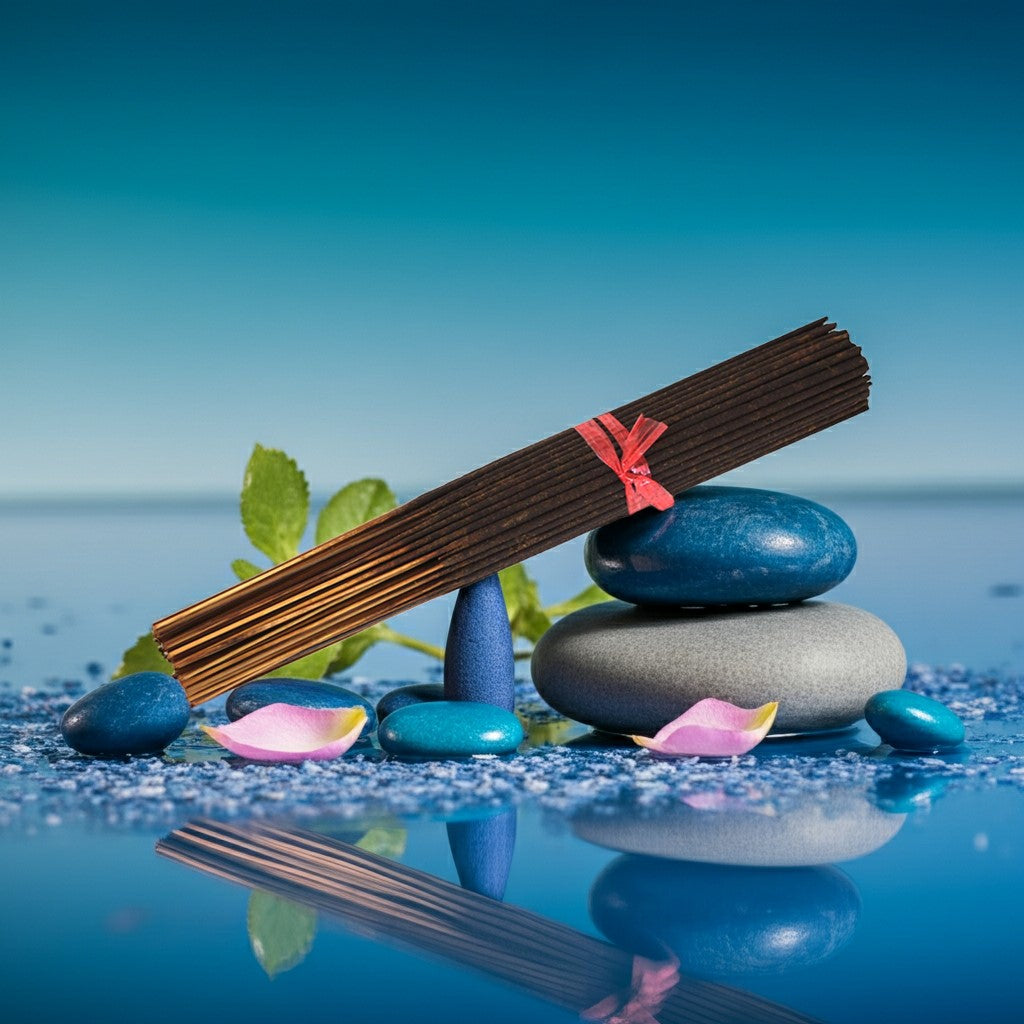 Blue Nile Incense Sticks with a red ribbon on stones in water with a blue gradient background
