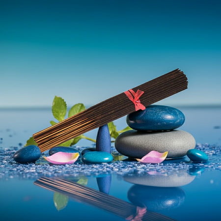 Blue Nile Incense Sticks with a red ribbon on stones in water with a blue gradient background