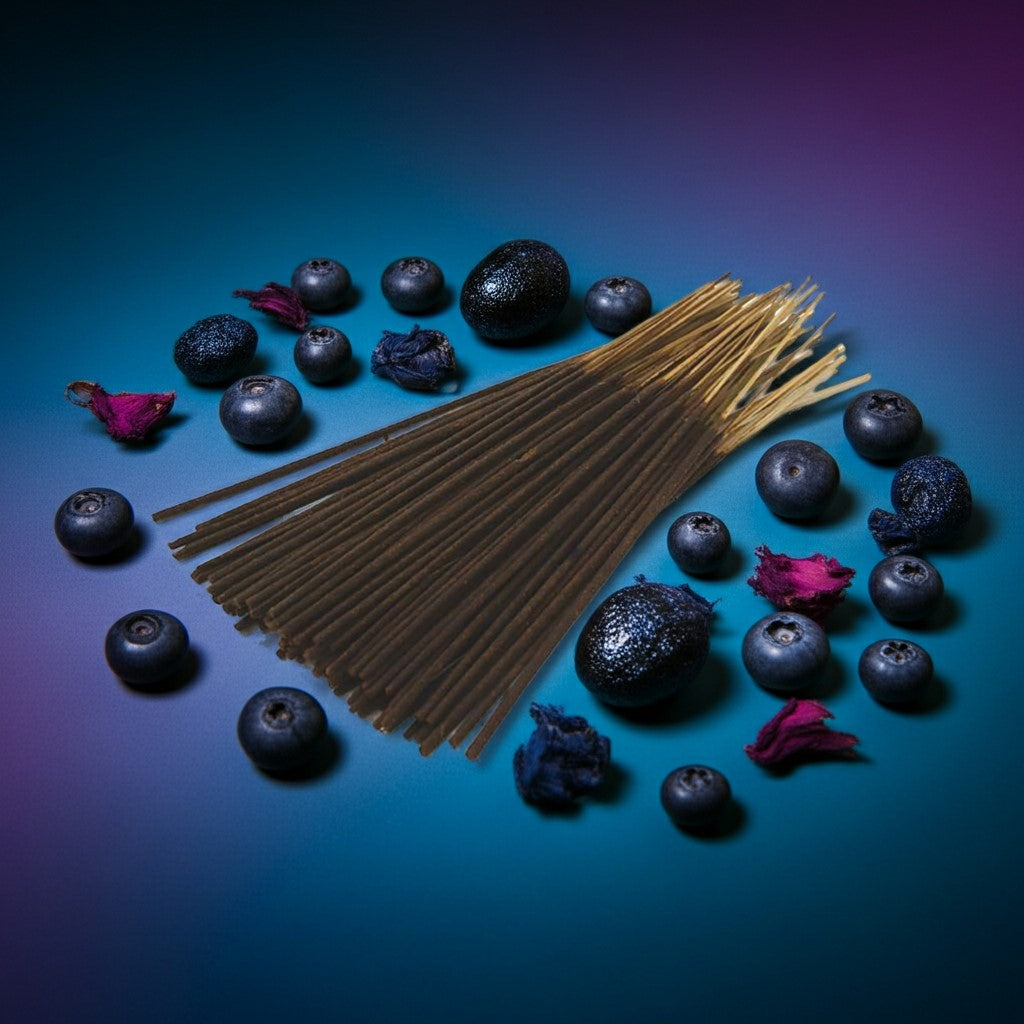 Blueberry Incense Sticks with a red ribbon surrounded by blueberries and purple flowers on a blue background