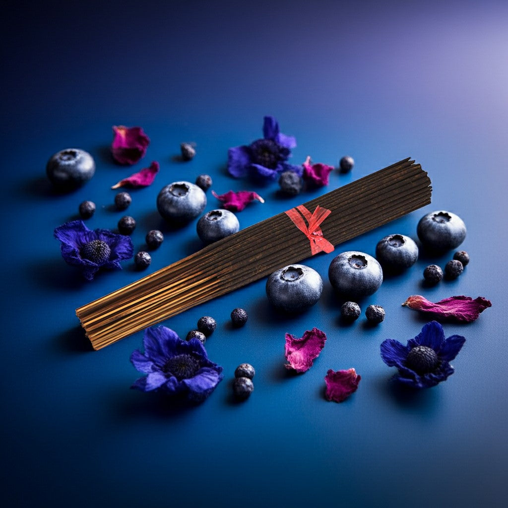 Blueberry Incense Sticks with a red ribbon surrounded by blueberries and purple flowers on a blue background