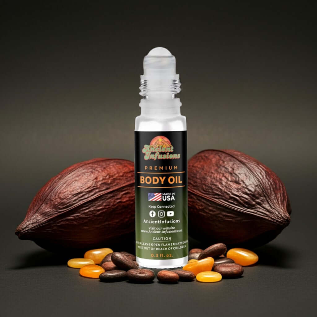 Carolina Herrera Bad Boy Extreme Inspired Body Oil, luxurious scent with amber, rose, spices, surrounded by exotic brown pods and beads.