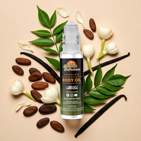 Carolina Herrera Good Girl Inspired Body Oil bottle surrounded by ingredients.