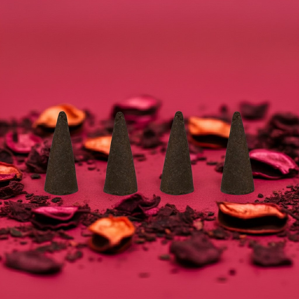 Cherry Pop Incense Cones on a red background with blurred natural elements.
