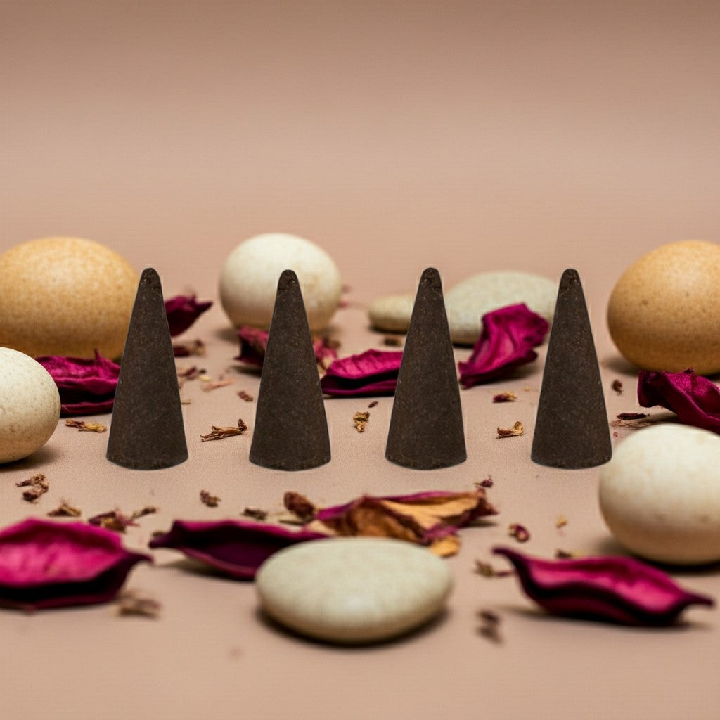 China Musk Incense Cones with stones and petals on a beige background