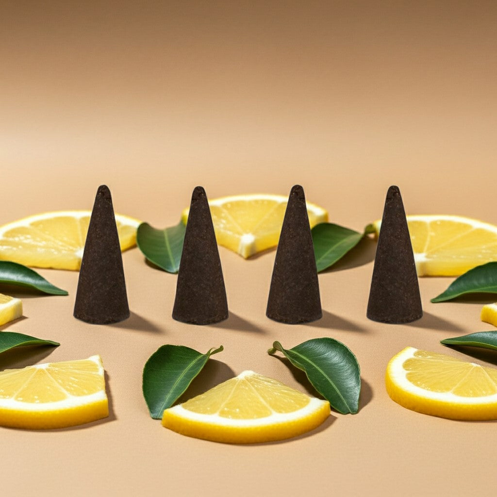 Citronella Incense Cones with lemon slices and leaves on a beige background