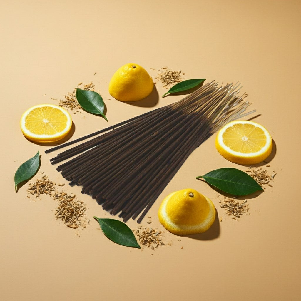 Citronella Incense Sticks with cones, leaves, and orange slices on a beige background