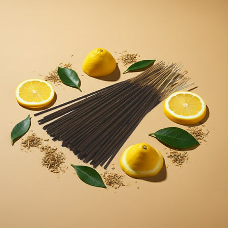 Citronella Incense Sticks with lemons and herbs on a beige background