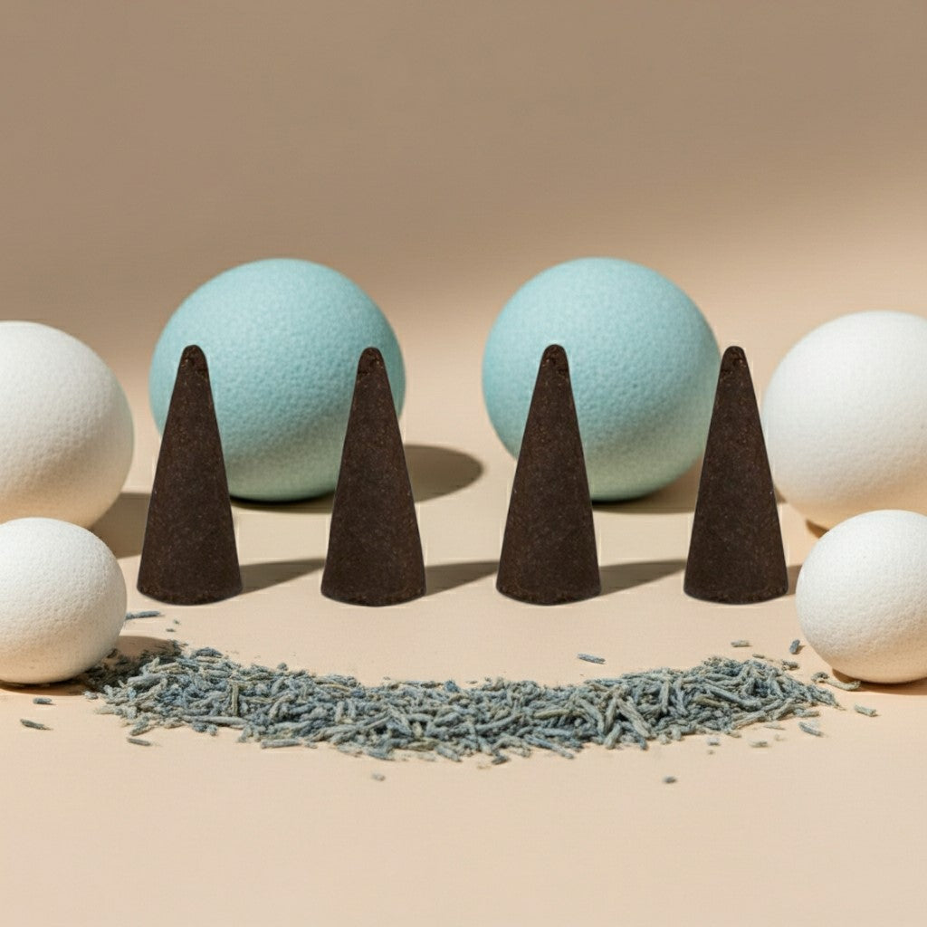 Clean Cotton Incense Cones and balls on a beige background