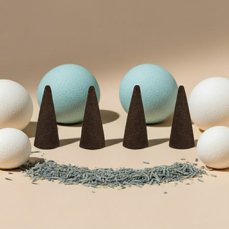 Clean Cotton Incense Cones and balls on a beige background