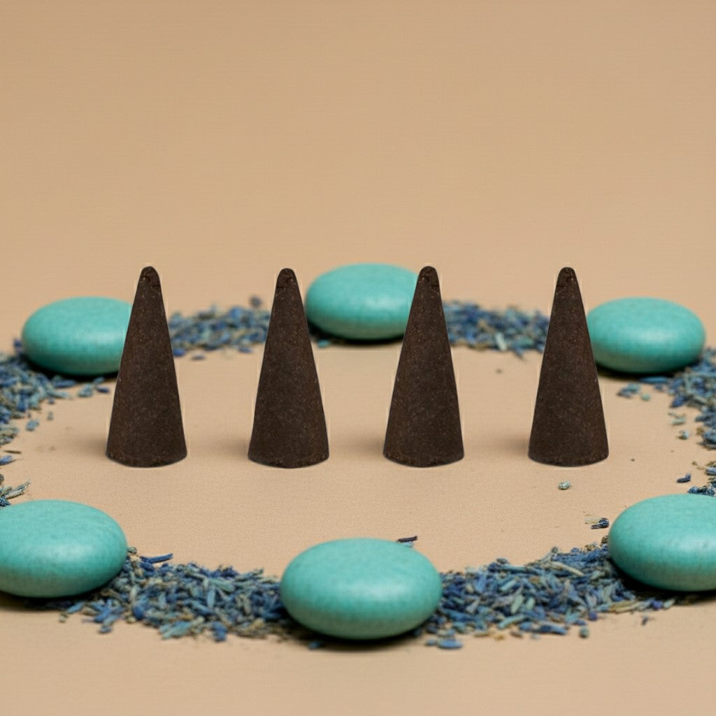 Cool Water Incense Cones on a beige surface with turquoise stones and blue decorative elements.