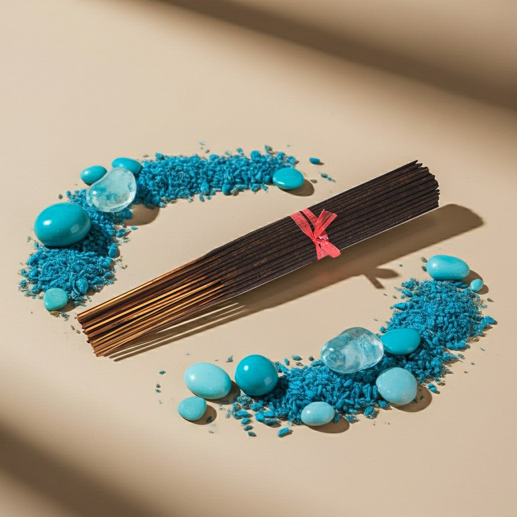 Cool Water Incense Sticks with blue sand and stones on a beige background
