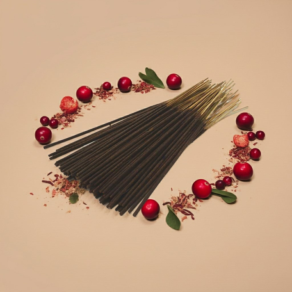 Cranberry Incense Sticks with red berries and green leaves on a beige background