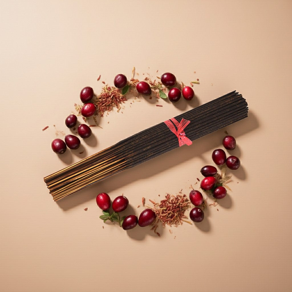 Cranberry Incense Sticks with a red ribbon surrounded by red berries on a beige background