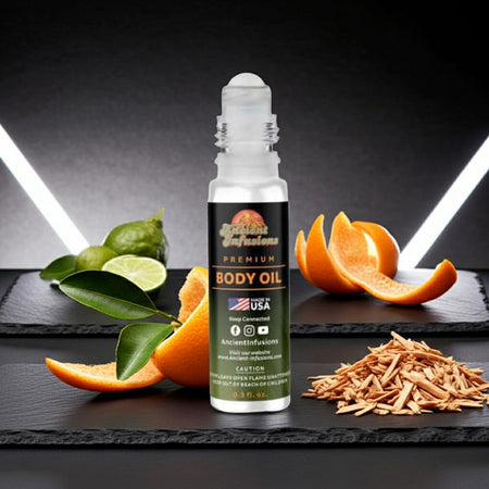 Creed Absolu Aventus Inspired Body Oil bottle with oranges and limes on a dark background