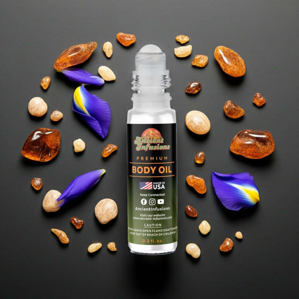 Dior Homme Inspired Body Oil with a blend of spice, cocoa, and amber, surrounded by gemstones and petals for a powerful scent.