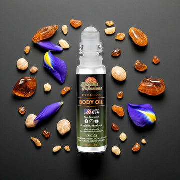 Dior Homme Inspired Body Oil with a blend of spice, cocoa, and amber, surrounded by gemstones and petals for a powerful scent.