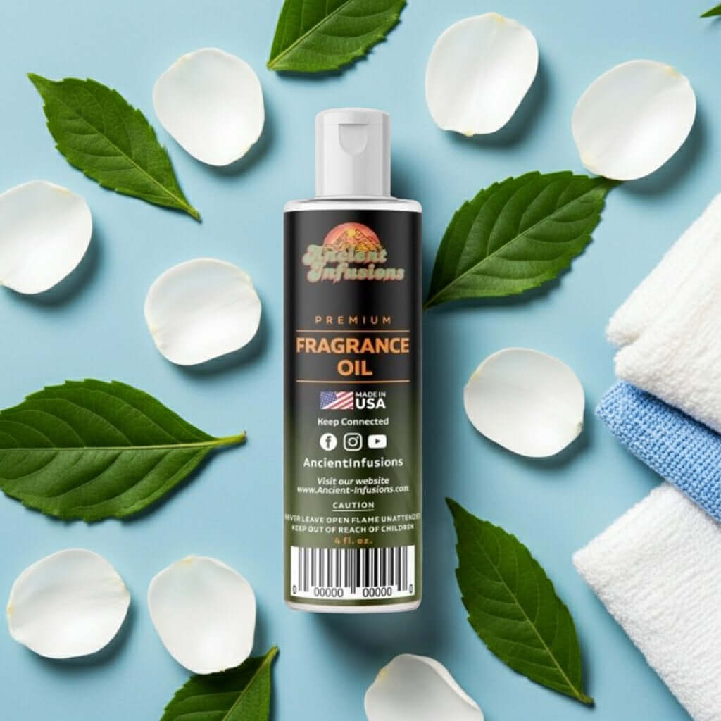 Premium Downy Gain Inspired Fragrance Oil bottle with petals and leaves, evoking fresh laundry scent, perfect for candles and diffusers.