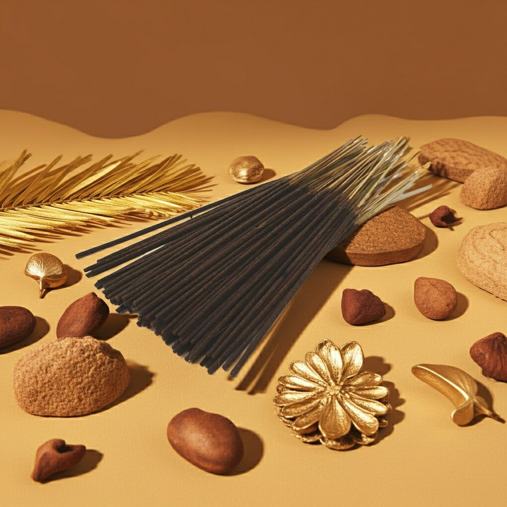 Egyptian Musk Incense Sticks with decorative elements on a beige background