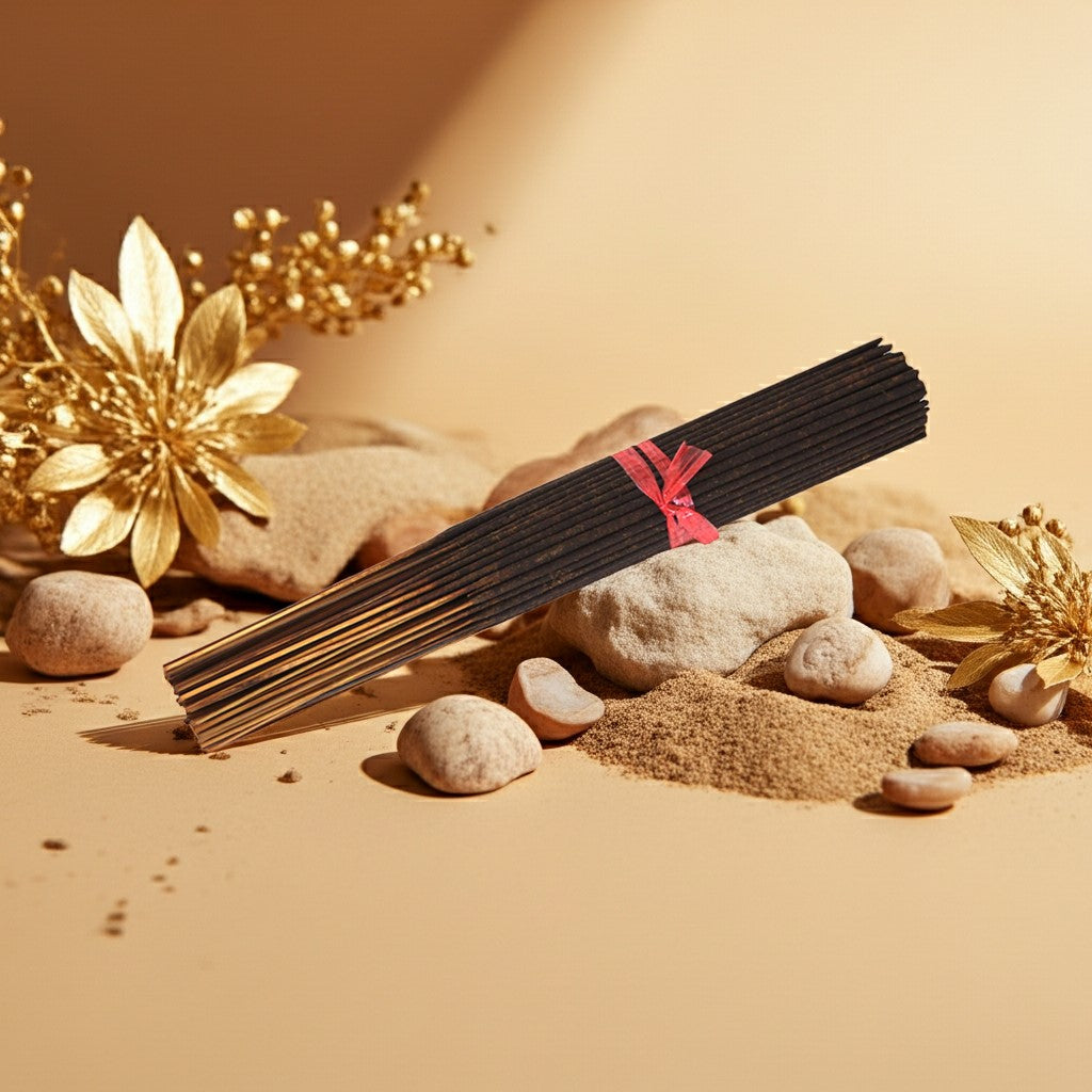 Egyptian Musk Incense Sticks with a red label on a sandy surface with rocks and flowers