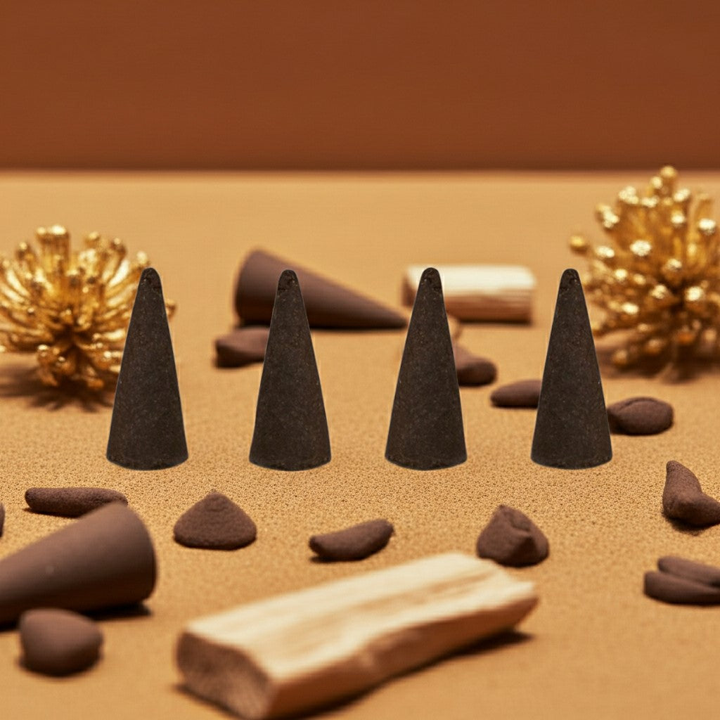 Egyptian Musk Incense Cones on a brown surface with decorative elements