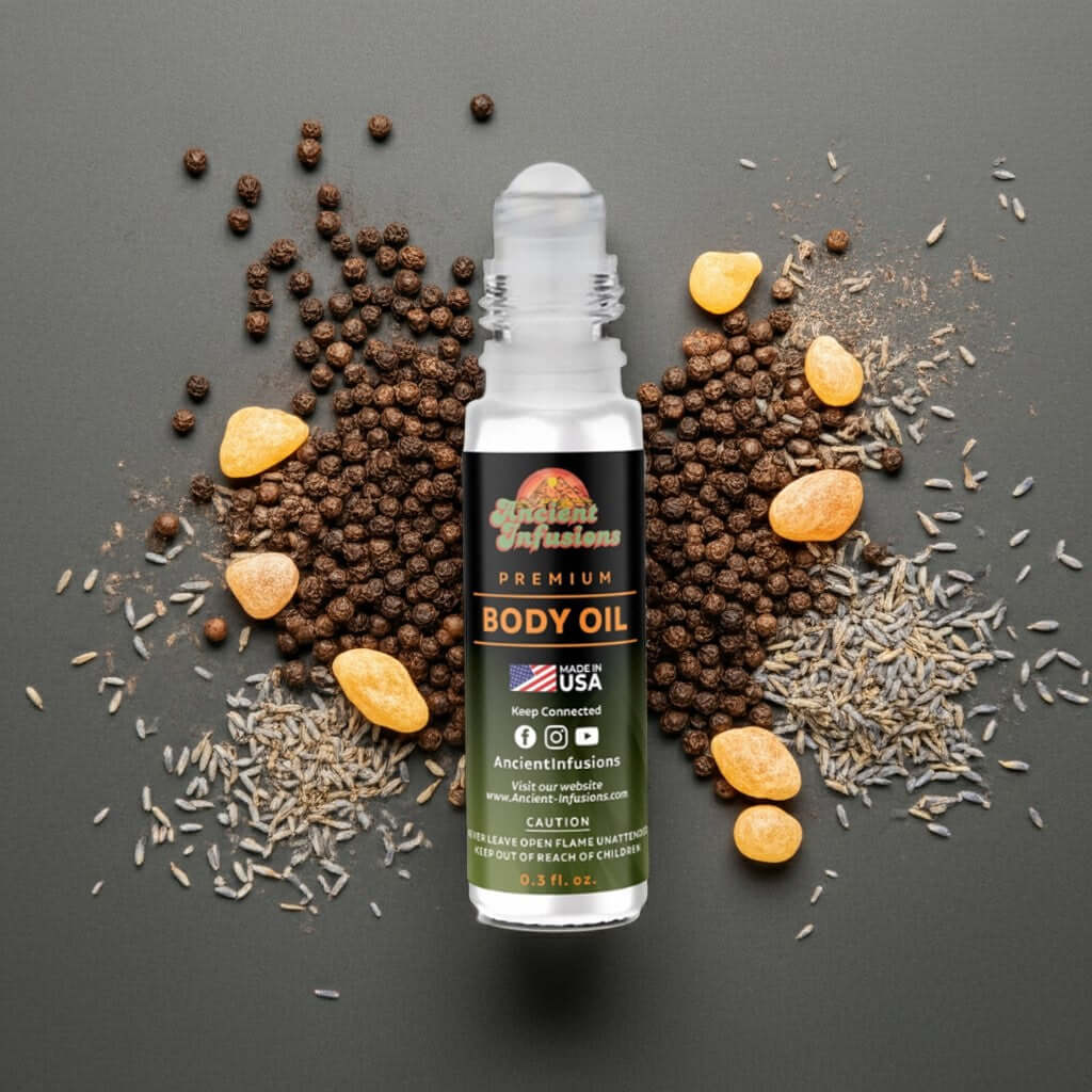 F by Ferragamo Black Inspired Body Oil with aromatic herbs and spices background.