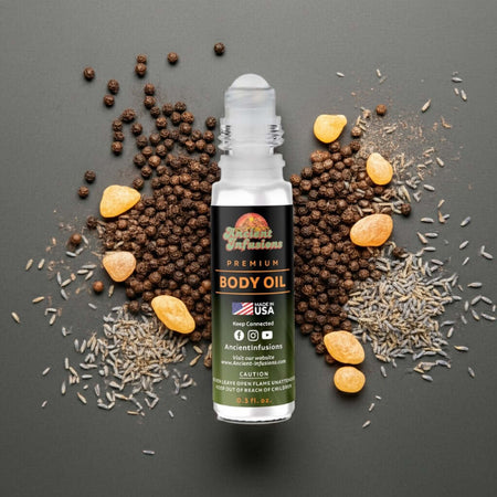 F by Ferragamo Black Inspired Body Oil with aromatic herbs and spices background.