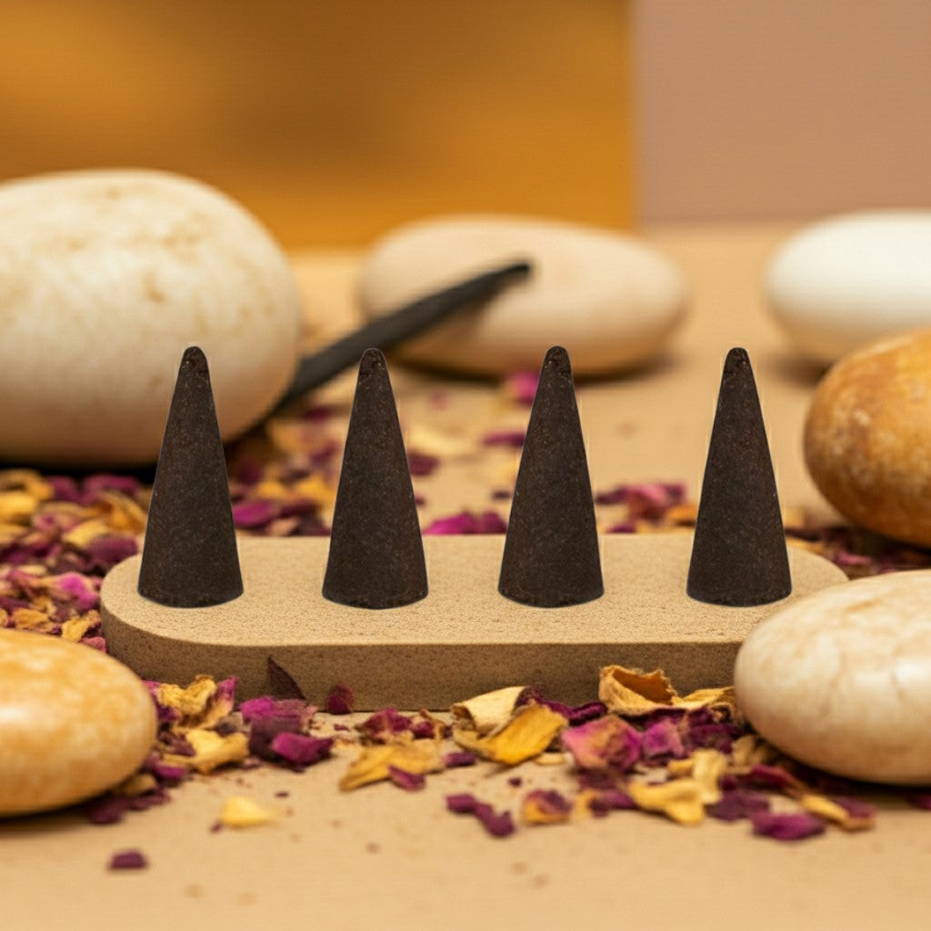 French Vanilla Incense Cones on a wooden holder with stones and dried flowers in the background.