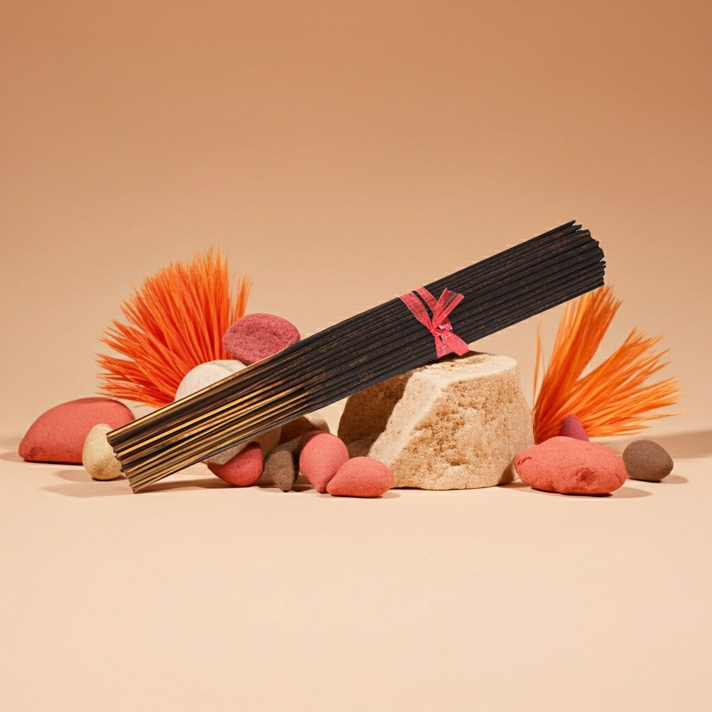 Fresh Peach Incense Sticks with decorative elements on a beige background