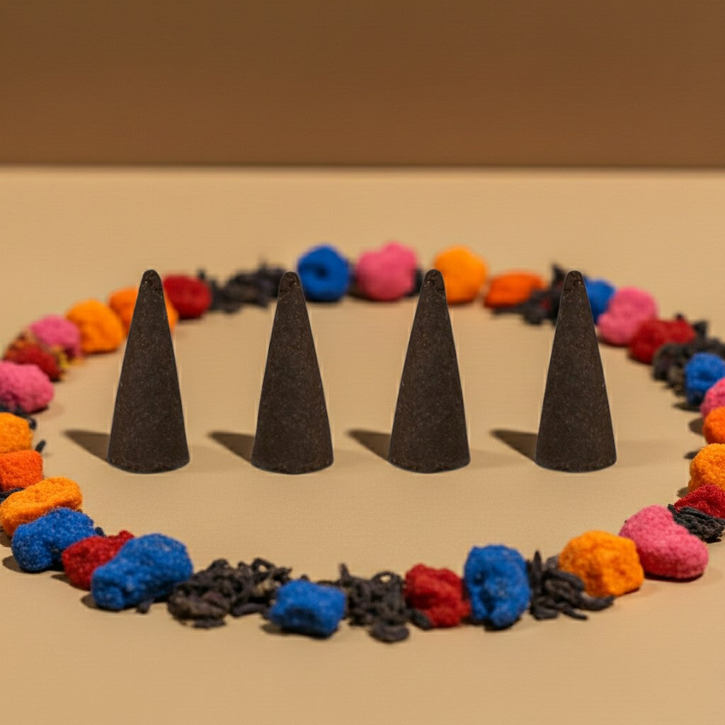 Fruit Loops Incense Cones in various colors arranged in a circle on a beige background