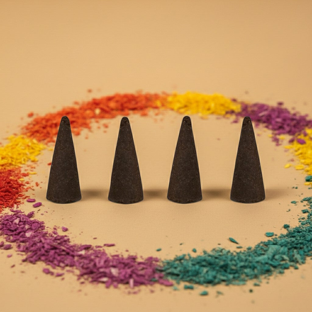 Fruity Pebbles Incense Cones arranged in a circle with colorful powder around them on a beige background.