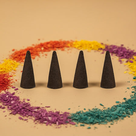 Fruity Pebbles Incense Cones arranged in a circle with colorful powder around them on a beige background.