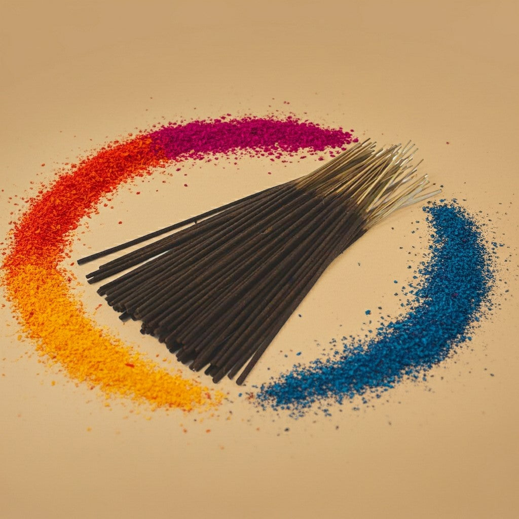 Fruity Pebbles Incense Sticks with colorful floral petals on a beige background