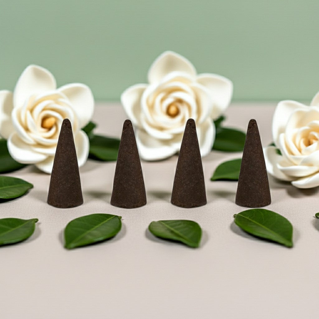 Gardenia Incense Cones on a light surface with white flowers and green leaves in the background.