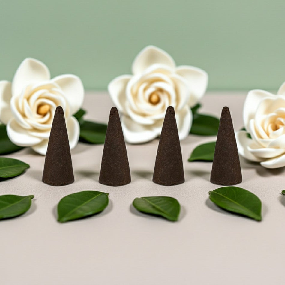 Gardenia Incense Cones on a light surface with white flowers and green leaves in the background.