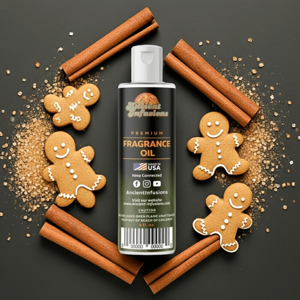 Gingerbread House Fragrance Oil with cinnamon sticks and gingerbread cookies, evoking warm holiday aromas and cozy home ambiance.