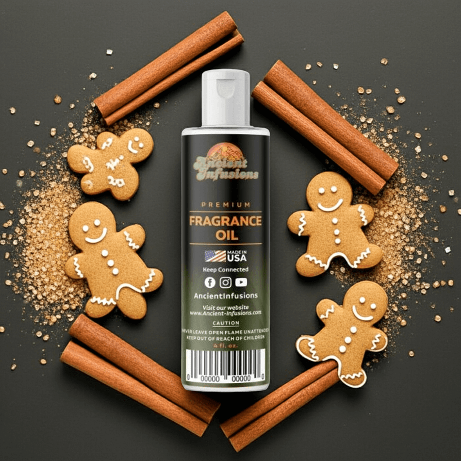 Gingerbread House Fragrance Oil with cinnamon sticks and gingerbread cookies, evoking warm holiday aromas and cozy home ambiance.