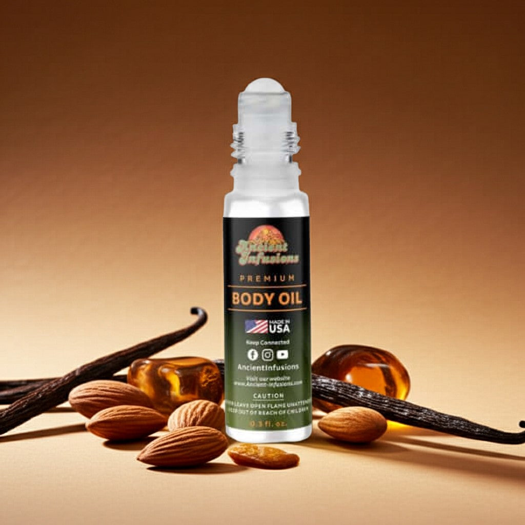 Givenchy Pi Inspired Body Oil bottle with vanilla beans and almonds on a brown background