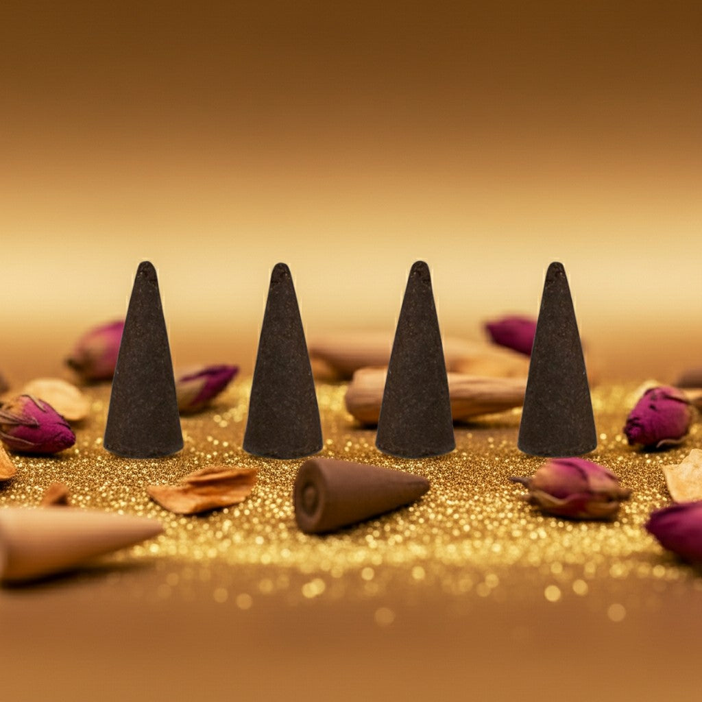 Golden Sand Incense Cones on a gold surface with dried flowers.