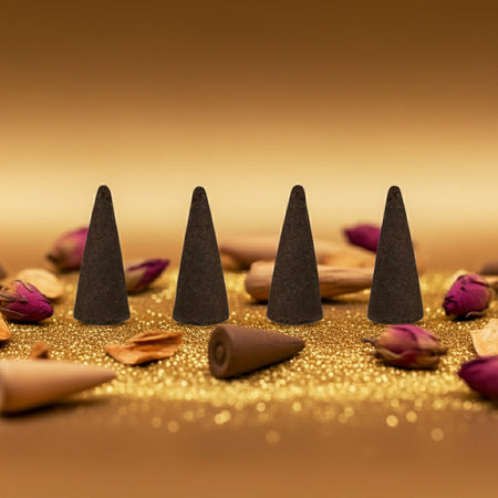Golden Sand Incense Cones on a gold surface with dried flowers.