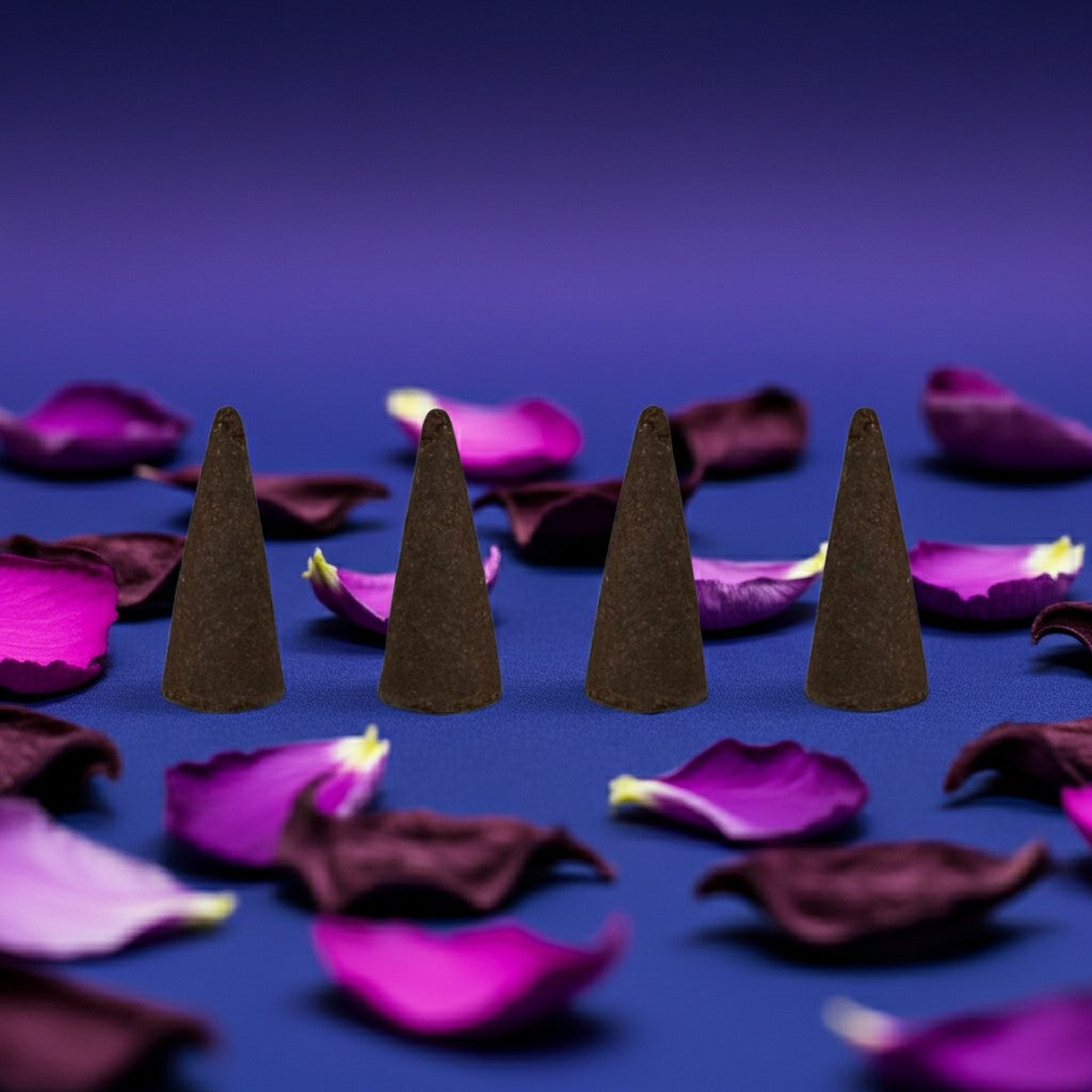Grape Incense Cones on purple petals against a blue background